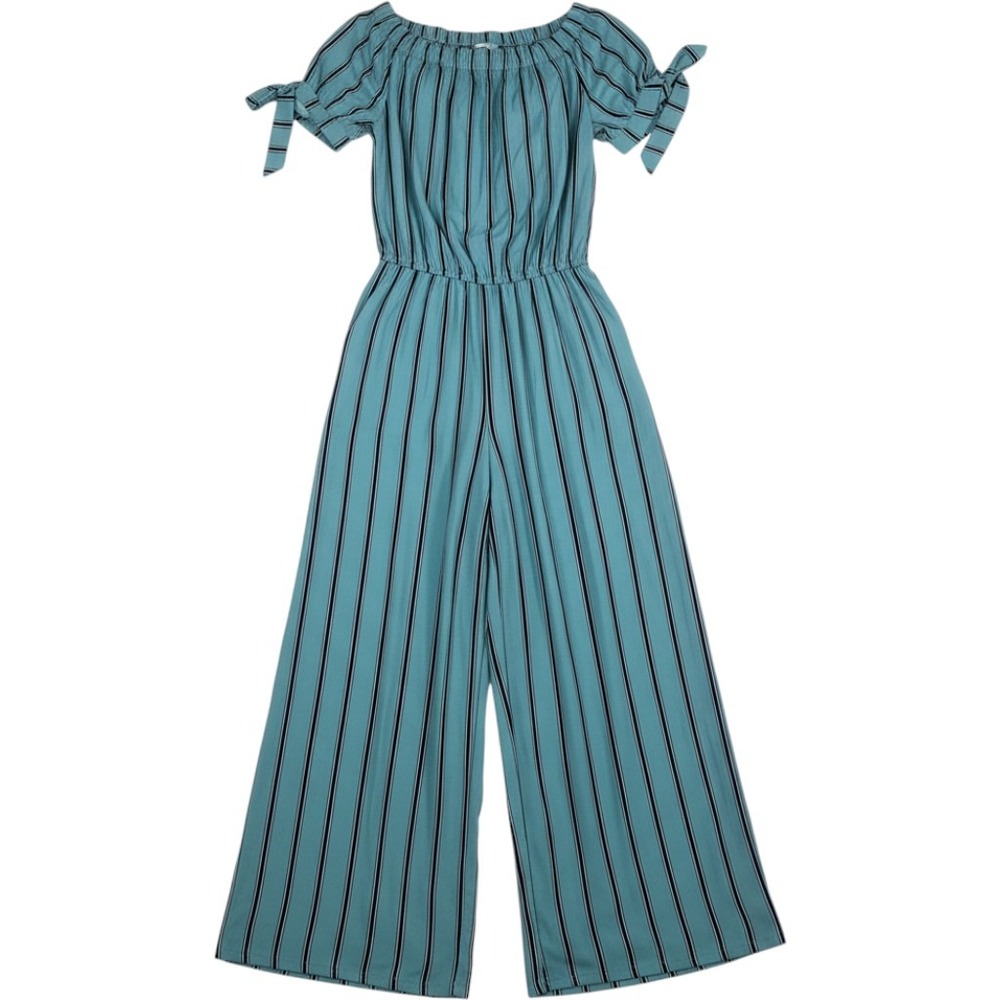 Band of Gypsies Striped Off-the-Shoulder Wide Leg Jumpsuit Teal Navy Medium